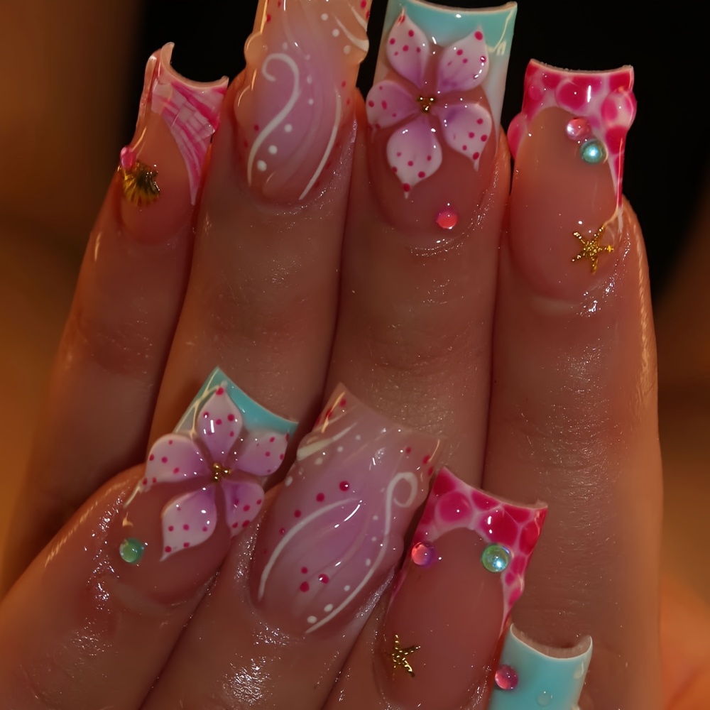 TEMU 24pcs Medium Square Press-on Nails, Summer Fake Nails, Sheer Nude Base Teal French Tip With Pink Spotted Plumeria, White Swirl Line, Beach