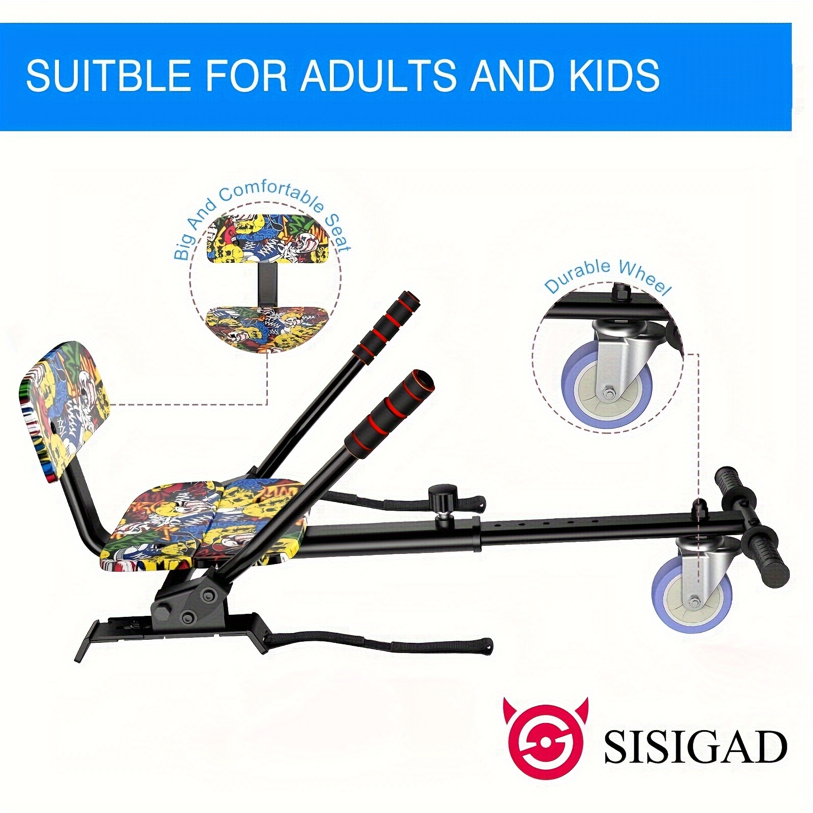 

Sisigad Hoverboard Kart Seat Attachment With Adjustable Frame Compatible With 6.5" 8" 8.5" 10" 2 Wheel Self Balancing Scooter, Graffiti