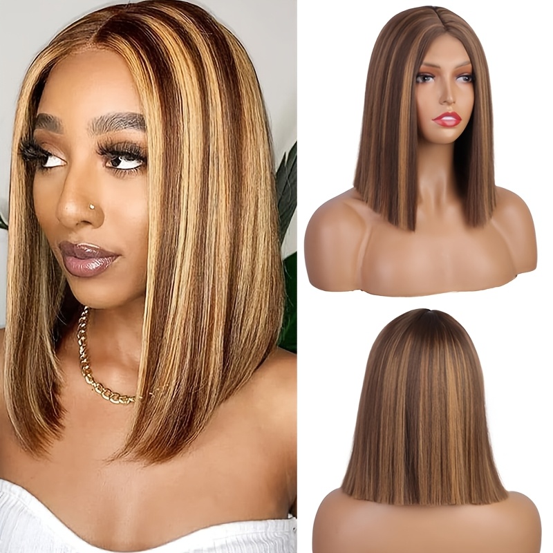 Women's & Unisex Honey Blonde Ombre Straight Wig - Non-gel Elastic Bob Hairpiece With 150% Density 12 Inches, Gradient Color For Parties, Christmas, Daily Use - Honey Golden (no Glue Needed)