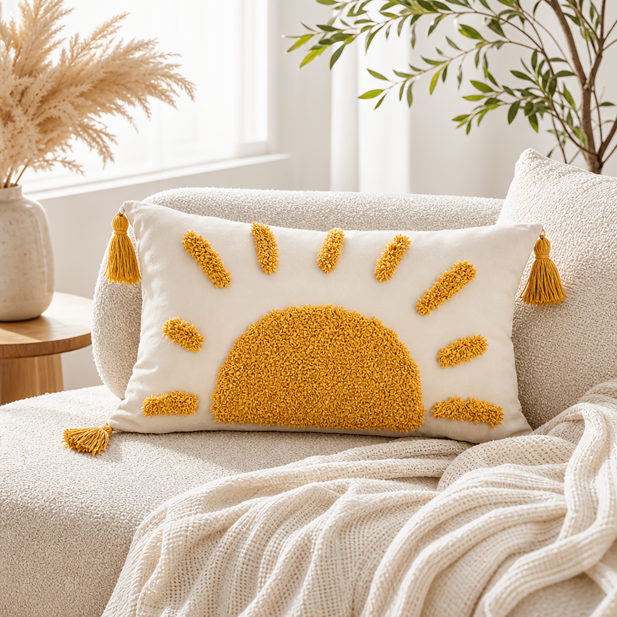 TEMU 1pc, 3d Boho Tufted Embroidered Throw Pillow Cover, 12x20/18x18in, Tassel Fringe Decor With Hidden Zipper, Summer Sunny Farmhouse Punch Textured