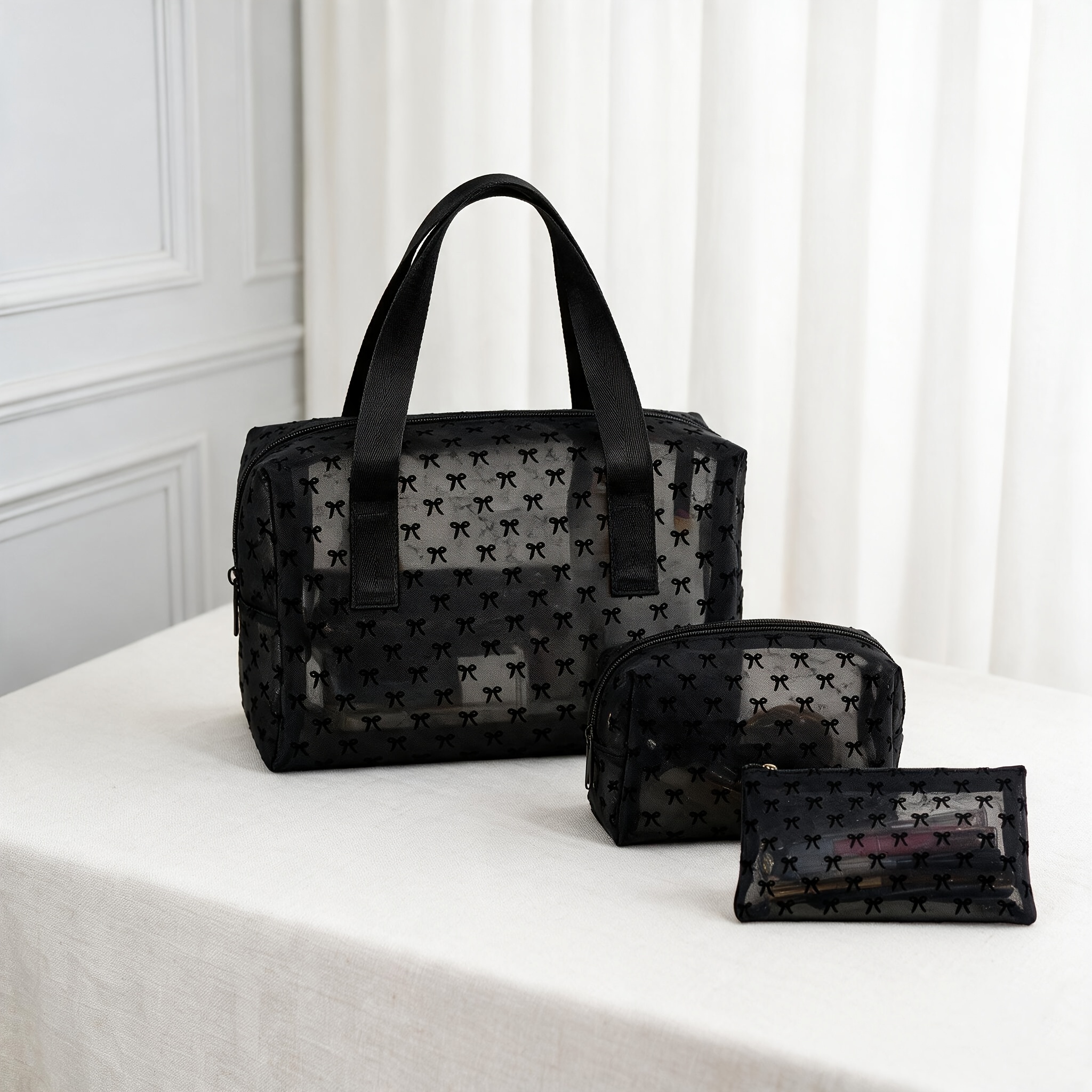 TEMU Set di 3 trousse da trucco nere in rete da donna, trousse per articoli da toeletta traspirante con motivo a , borsa portaoggetti multi-stile,