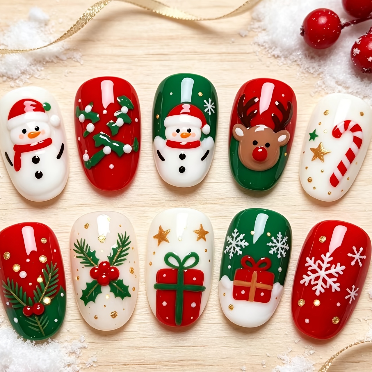 TEMU 24pcs Red Green Snowman Reindeer Candy Cane Short Almond Press-on Nails