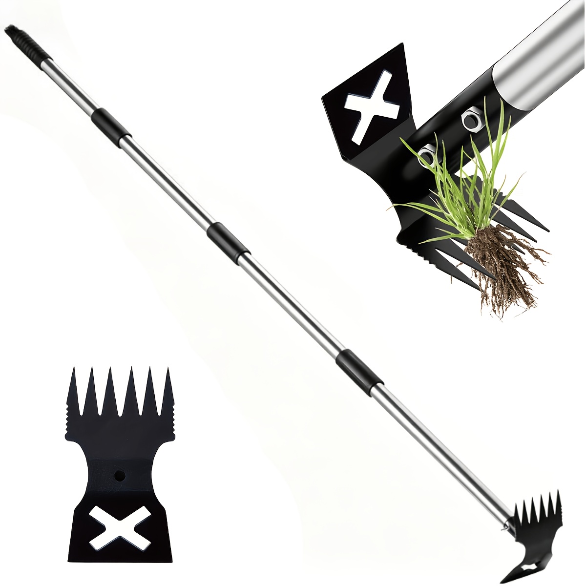 TEMU Outil de désherbage 2-en-1, combo râteau et houe, extracteur de manuel robuste avec long manche réglable de 40 à 148 cm, outils de désherbage