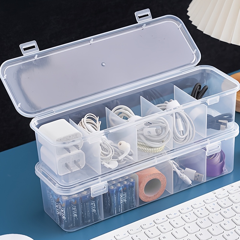 

Stackable Transparent Plastic Organizer Box With Lid, Multi-compartment Cable Management, Desk And Office Supplies Storage, Jewelry And Card Holder, Space-saving Household Organization