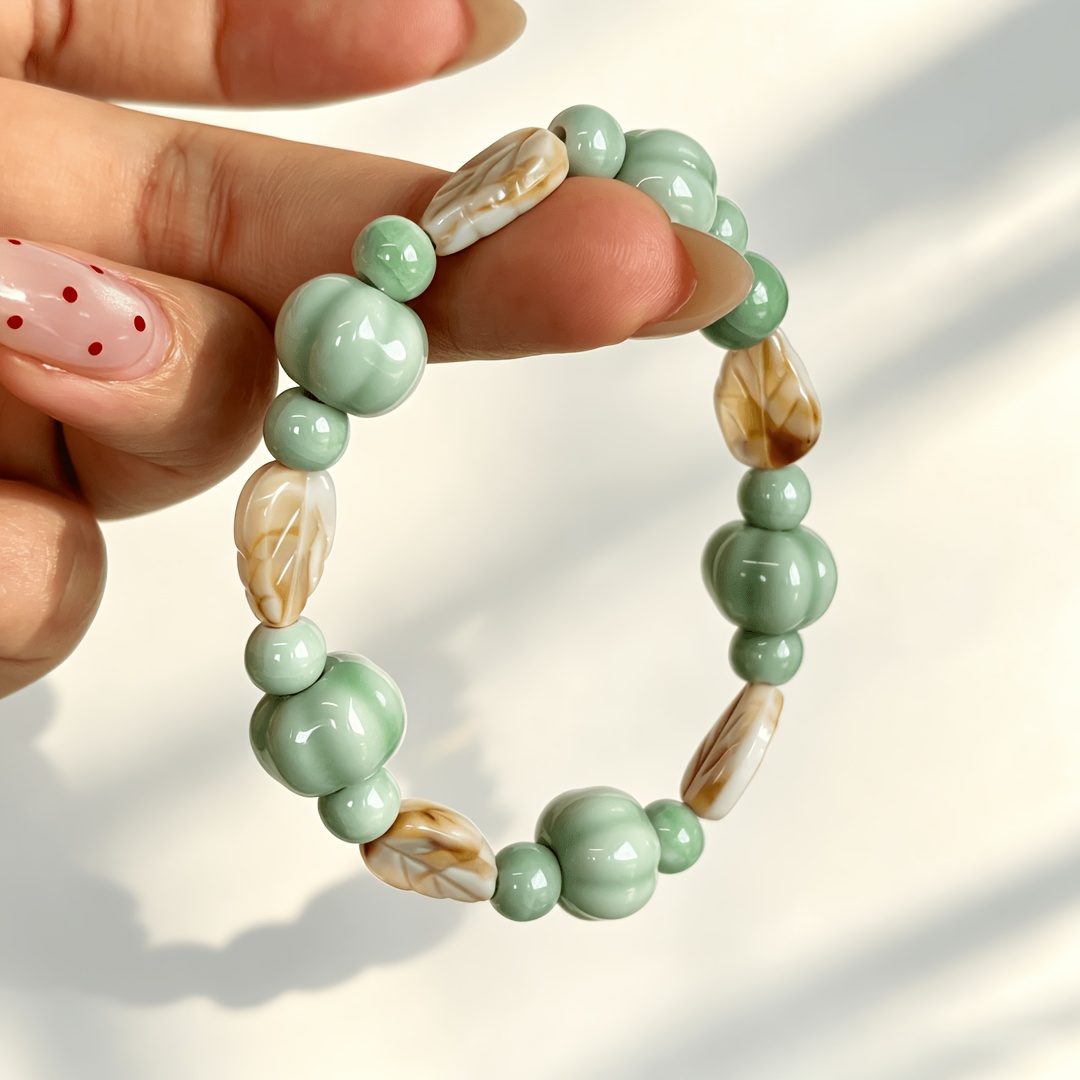Celadon-Glazed Ceramic Pumpkin-Shaped Stretch Bracelet