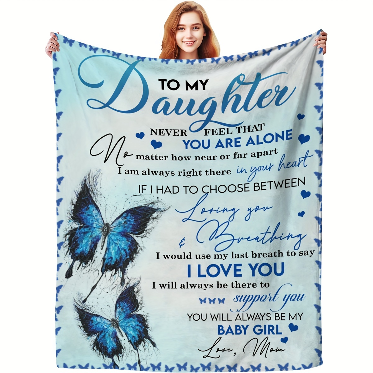 

1pc To My Daughter Blanket Mom Gifts For Daughter Blanket Blue Butterfly Pattern Soft Flannel Sofa Blanket For Couch Office Bed Camping Travel, Multi-purpose Gift Blanket For All Season