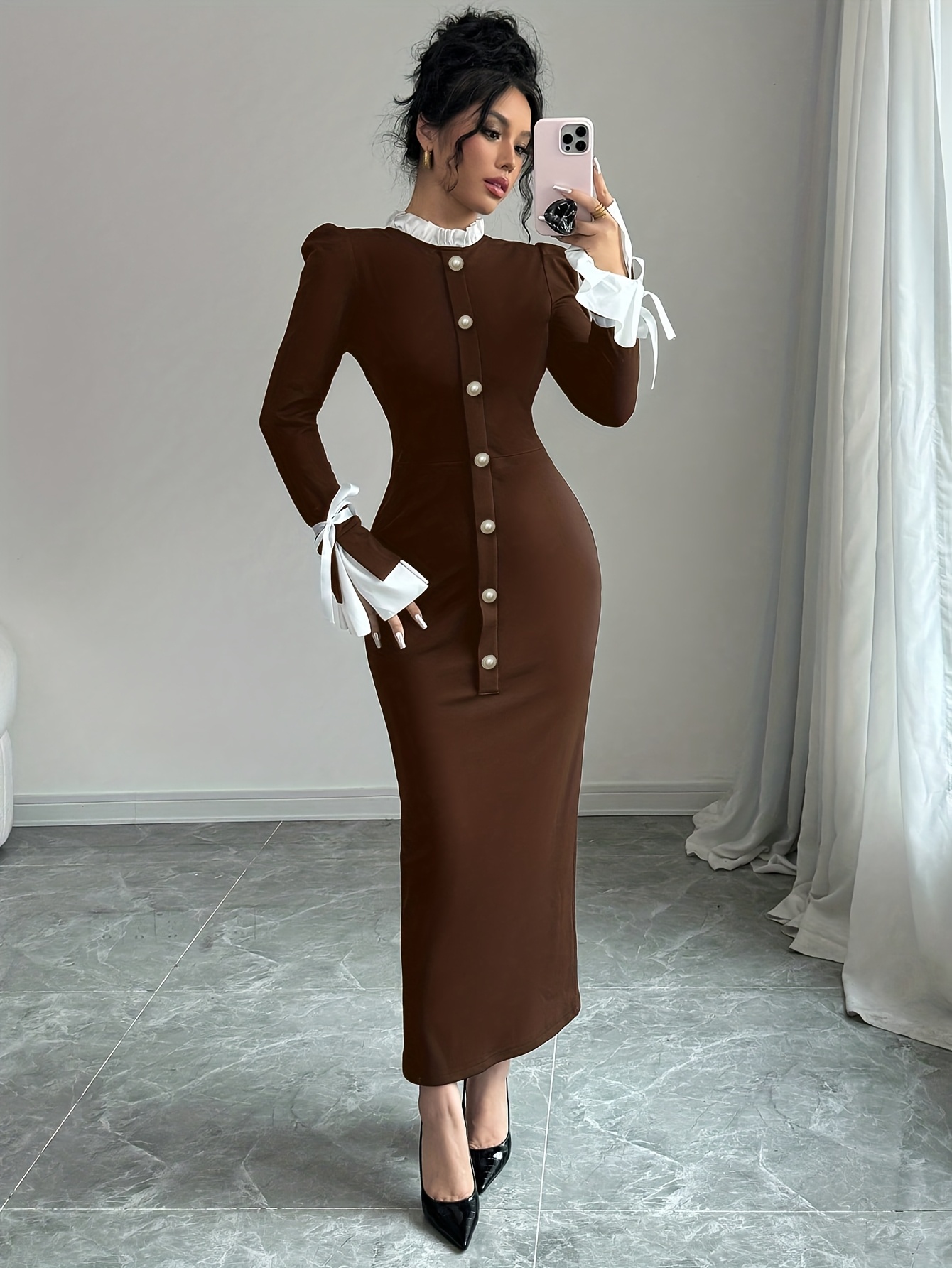 elegant solid color a line dress round neck long sleeves bow - Temu Oman