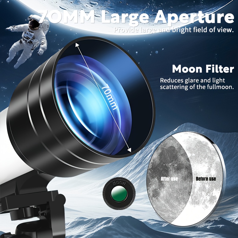 150x Telescope, 70mm Aperture Telescope, High Magnification, Portable Astronomical Telescope, with Tripod Phone Adapter and Wireless Remote Control, Telescope for Phone
