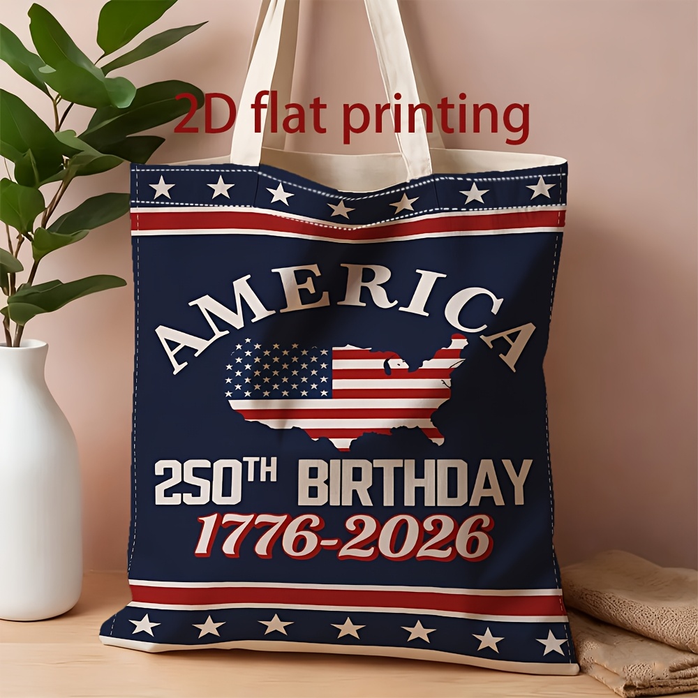 TEMU 1pc 2d Flat American 250th Anniversary Tote Bag | Unisex, Polyester, No-closure, Geometric Pattern, Fixed Shoulder Straps, Hand Washable, Perfect Gift For , , Teachers, Moms, Elders