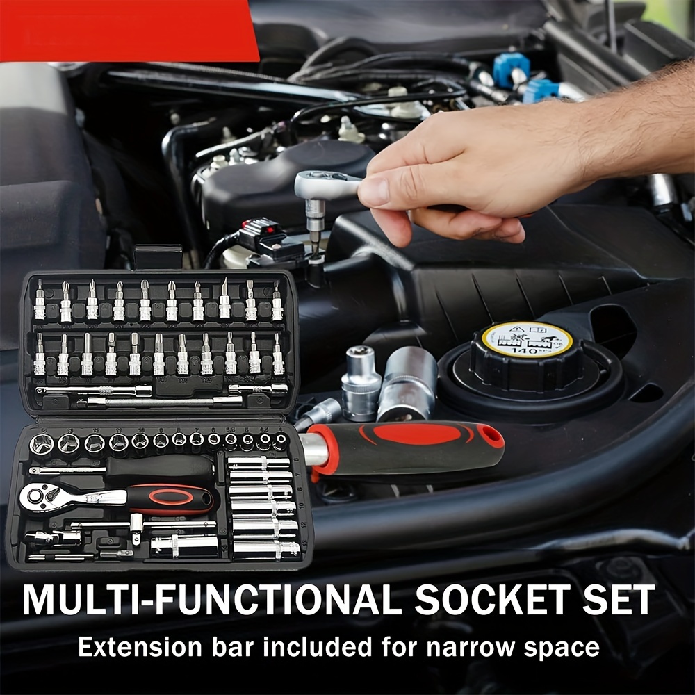 46pcs/53pcs kit doutils pour voitures - ensembles doutils de qualité pour lentretien des voitures, des vélos et des motocyclettes - solution compacte, portable et avec clé à cliquet, ensemble de tournevis , batterie détails 3
