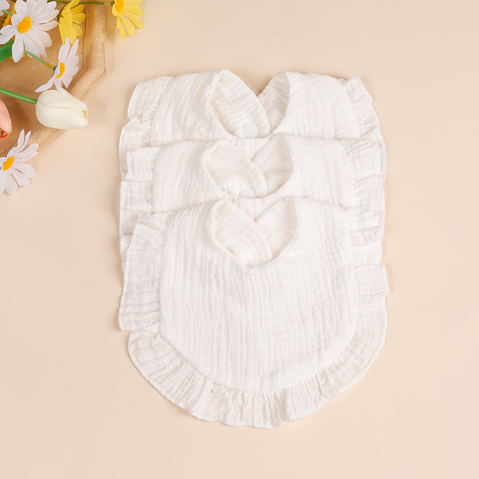 Image of 3pcs Solid Color Ruffle Bib Set, Baby Feeding Absorbent Drool Bib, Soft And Comfortable Newborn Bib, Children's Infant And Toddler Accessory Gift Set