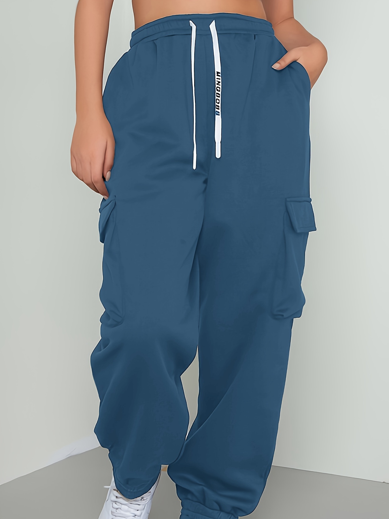 Plus Size Y2k Pants, Women's Plus Solid Stretch Drawstring Joggers With  Flap Pockets