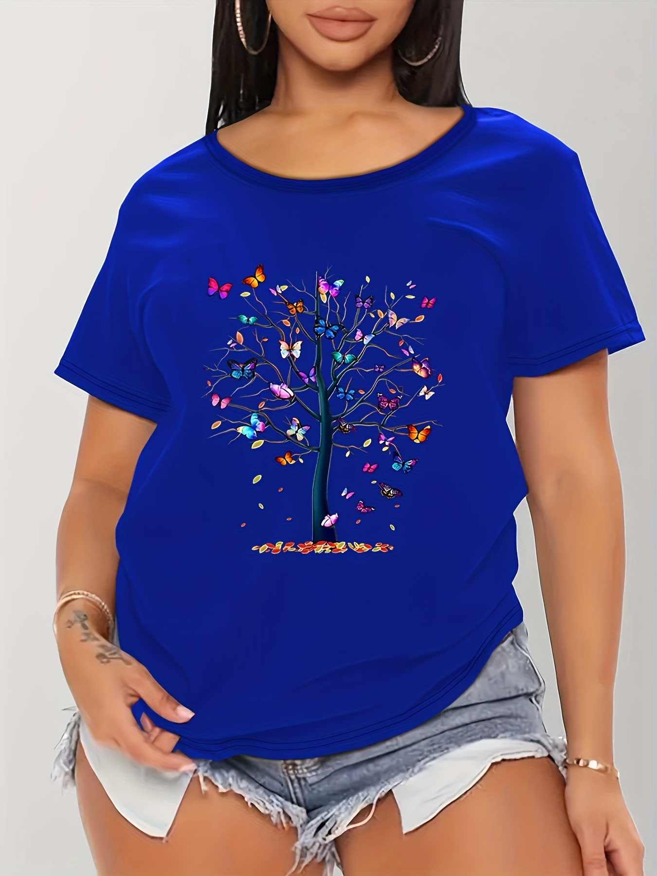 Butterfly Tree Print Crew Neck T-Shirt, Casual Short Sleeve T-Shirt For Spring & Summer, Women's Clothing