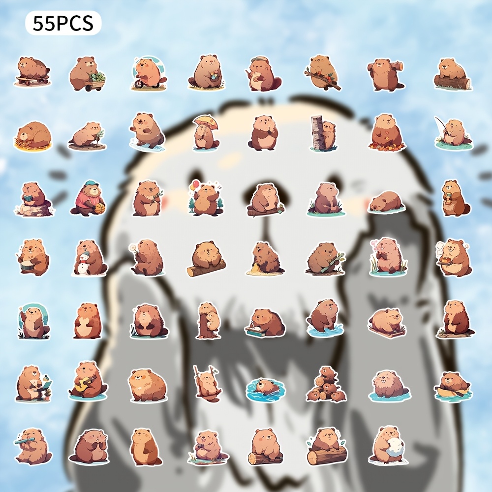 55 sheets cute and   furry beaver stickers healing soft animal creative doodle suitable for phone case laptop water cup tablet decoration pvc removable no  