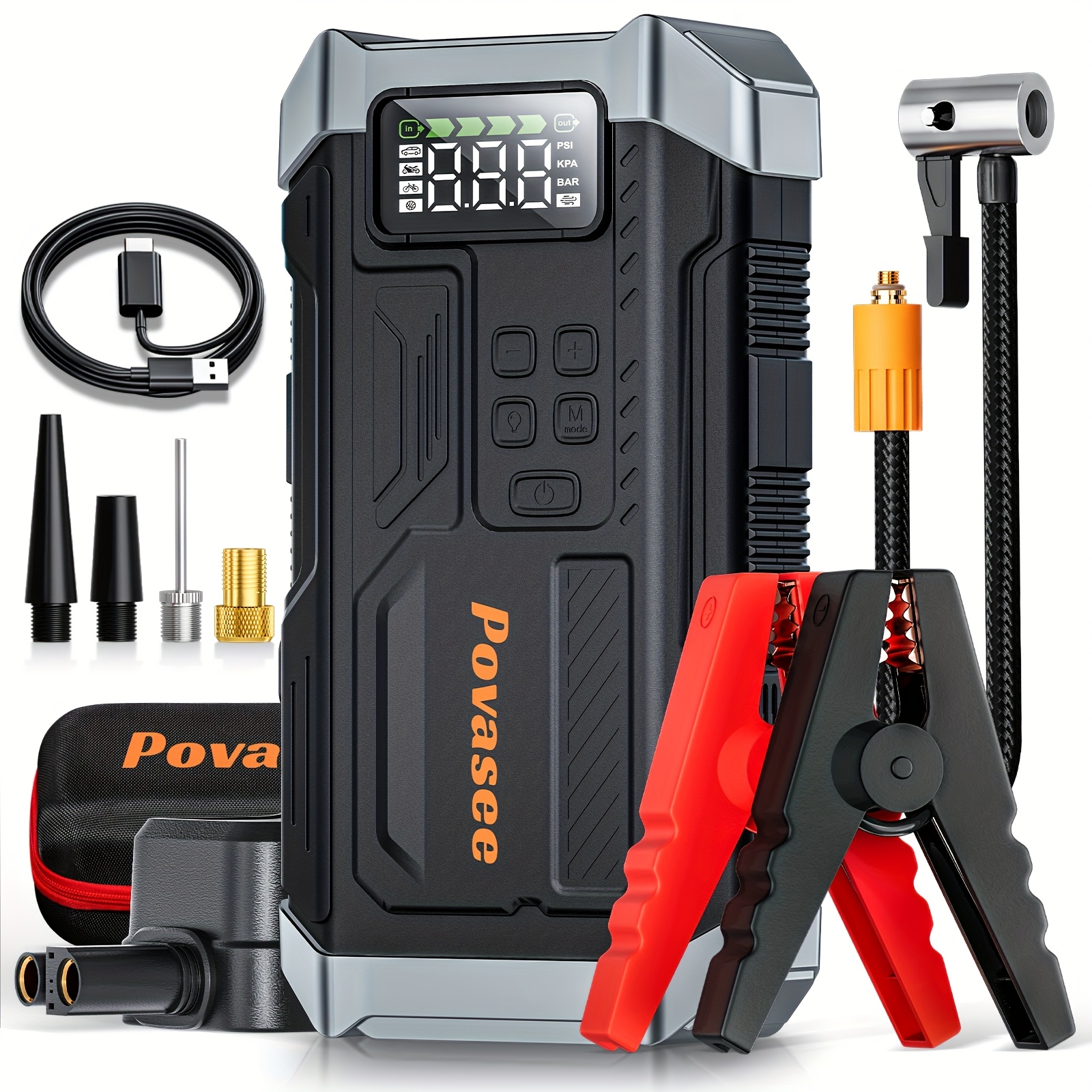 TEMU 6000a Portable Car Jump Starter With Air Compressor, Led Display, , Lighting, For 10lgas & 8ldiesel Engines, Jump Starter Start The Car, Truck,
