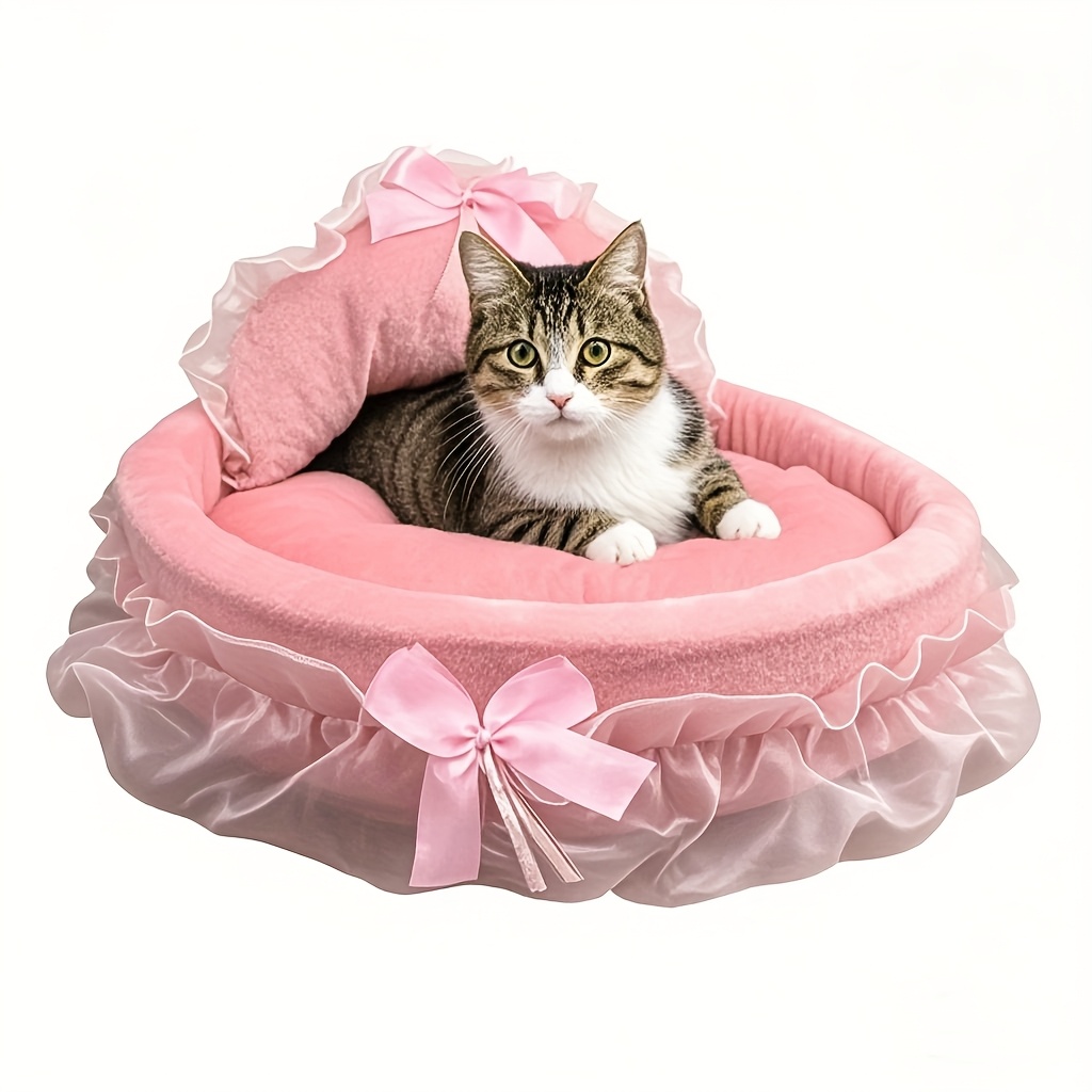 All-Season Warm Cat & Dog Bed - Soft Plush Washable Pet Sofa Nest with Ruffled Edges, Cozy Polyester & Polypropylene Fiber, Cute Pink Bow Design for Indoor Cats & Small Dogs, Comfortable Sleeping Pad for All Seasons, Cat Bed, Cozy Pet Furniture, Playful Pet Decor, Durable Pet Furniture, Cat Bed For Indoor Cat, Cat Bed For Large Cat, Cat Accessories, Cat Feeding Station, Cat Basket