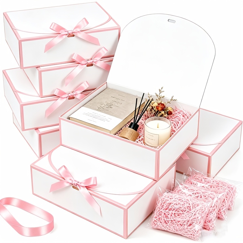 8-teiliges elegantes Geschenkbox-Set in Weiß Rosa, 4 Boxen + 4 Raffia-Beutel, luxuriöse weiße Geschenkboxen mit Bändern, Heiratsantrag-Box für den Bräutigam, Trauzeugin-Box, Abschlussgeschenk,