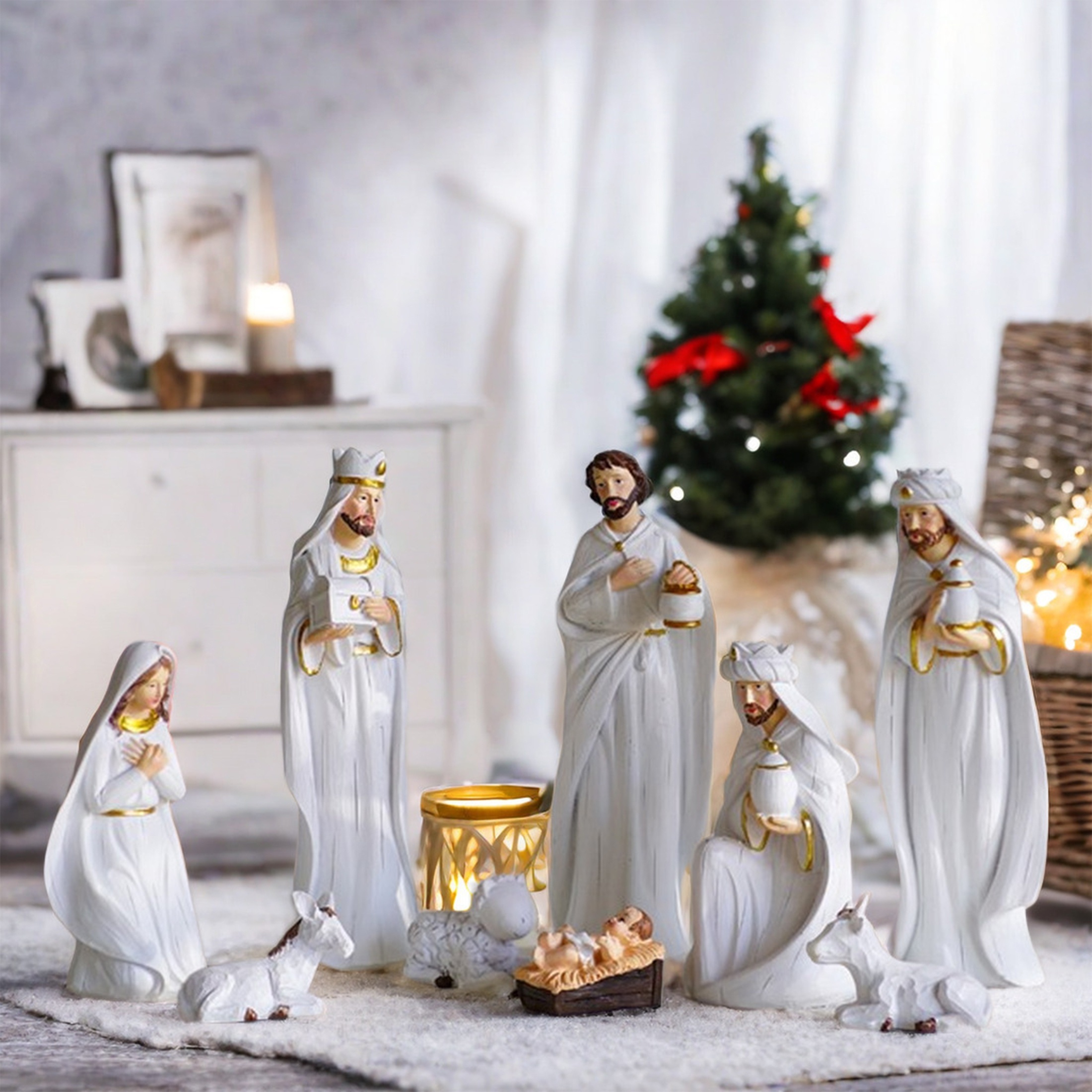 Image of 9pcs Vintage Hand-painted Resin Christmas Set - Classic Nativity Scene & Horse Trough Decorations, Perfect For Holiday, Thanksgiving, Hanukkah & Room Halloween