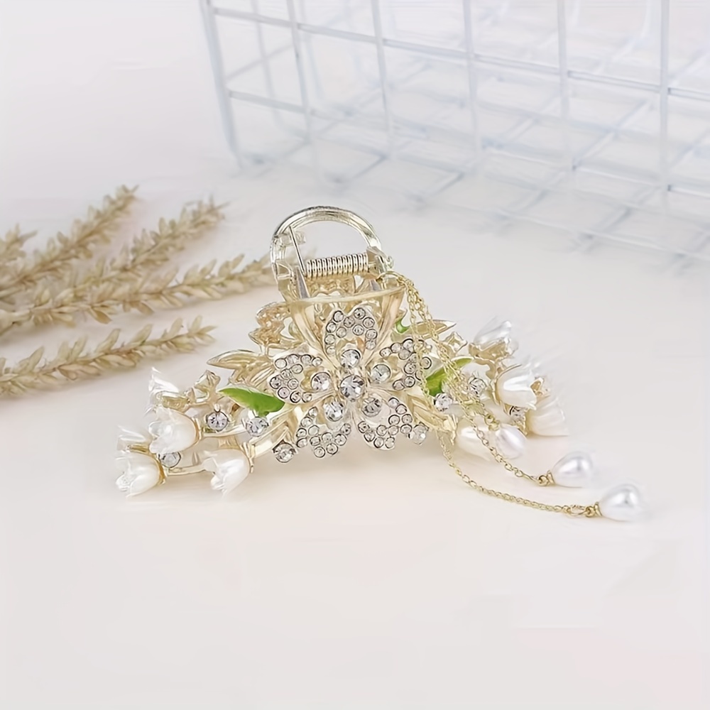 TEMU Grande Pince à Cheveux Élégante avec Strass Floral & Papillon et Pompon de Perle - Alliage de , Style Décontracté à pour Chignons, Barrettes