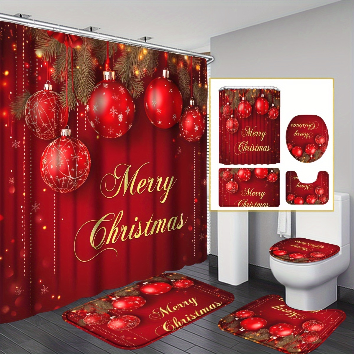 TEMU 4pcs Merry Christmas Shower Curtain With 12 Hooks, Bathroom Decor Christmas Decorations, Christmas Bathroom Shower Curtainnon-slip Bathroom Rug,