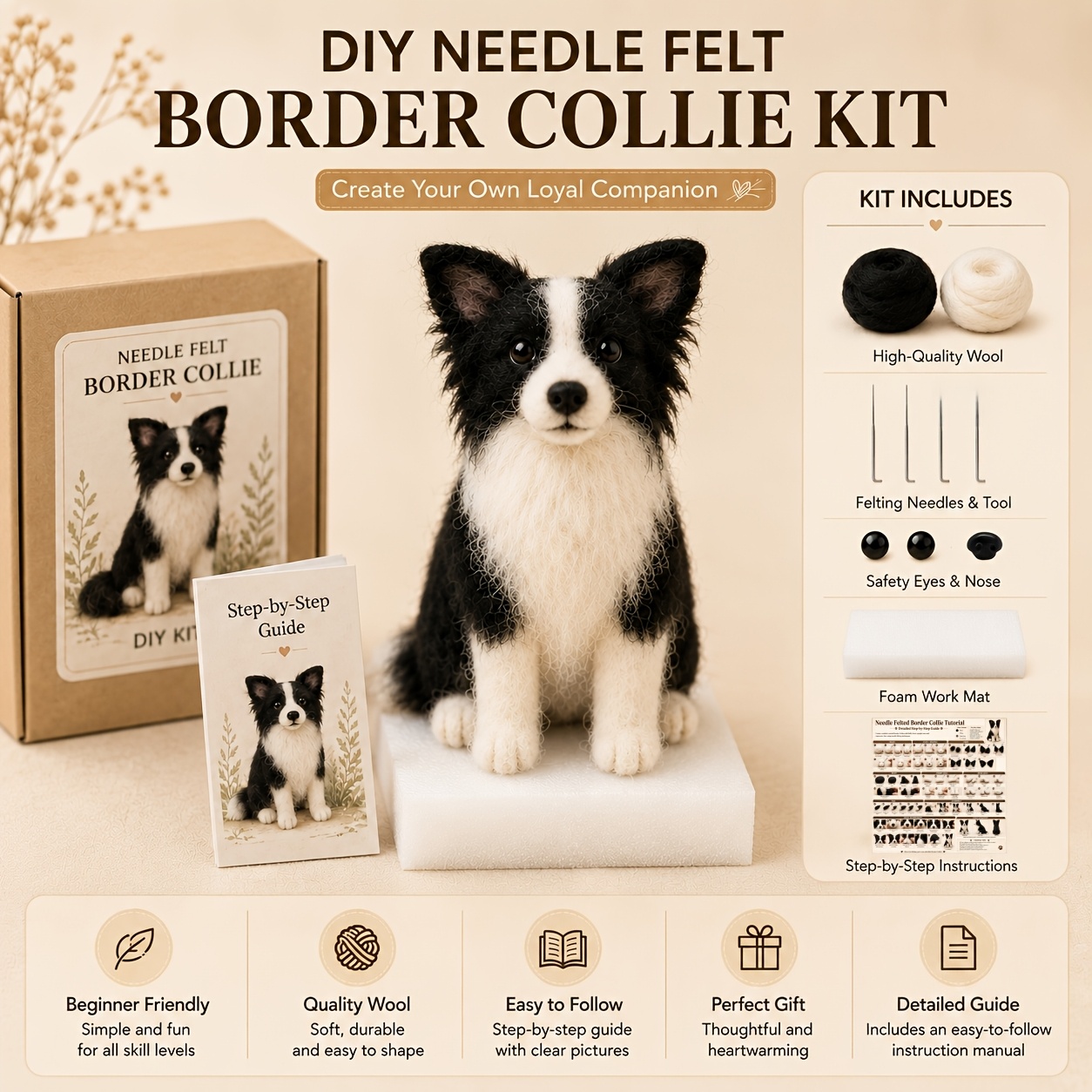 TEMU Kit de Tejido con Border Collie - Artesanía Amigable/Juego Completo. los Artículos Incluidos: Agujas para , de Espuma e Instrucciones a . No