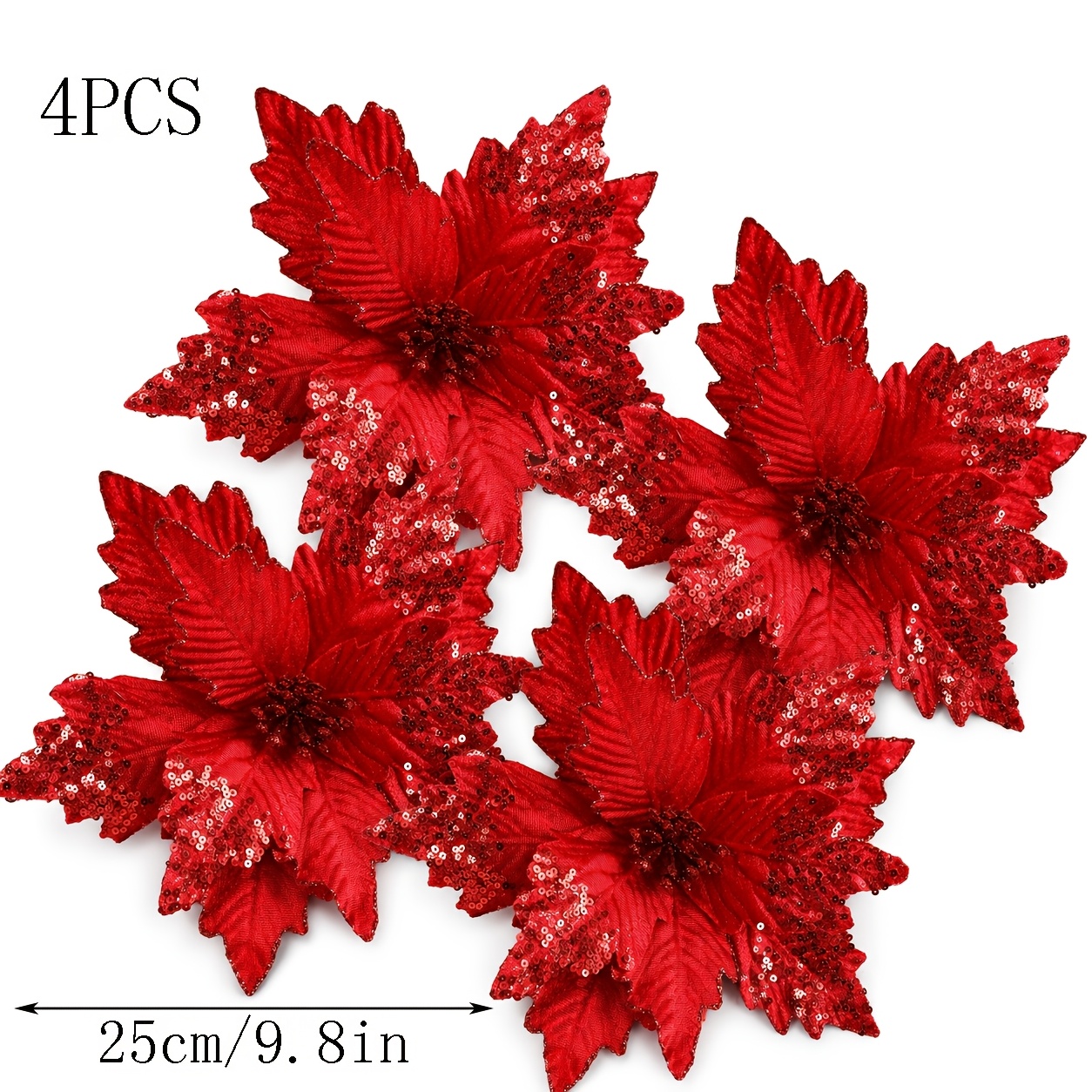 TEMU 4pcs Large Red Sequin Velvet Poinsettia Christmas Flowers, Glittering Artificial Christmas Poinsettias, Christmas Tree Wreath Door , Diy
