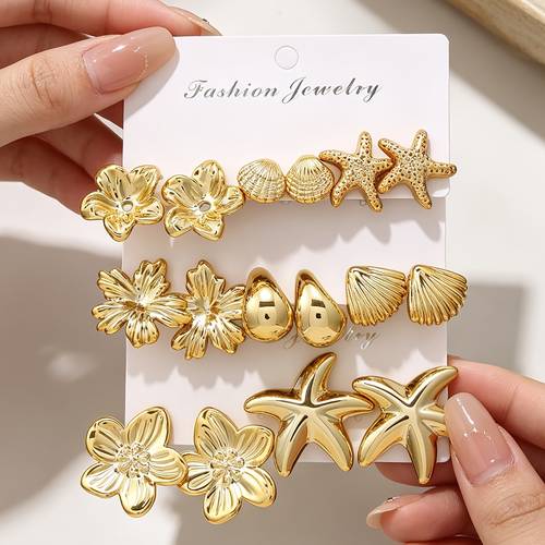4pcs/6pcs/16pcs, Fleurs florales exquises, Gouttelettes d'eau, Coquillages artificiels, Étoiles de mer artificielles, Motifs multi-styles, Ensemble de boucles d'oreilles à clous pour femmes, Divers styles élégants et luxueux, Individuel et polyvalent, Convient pour le quotidien, les fêtes, les banquets
