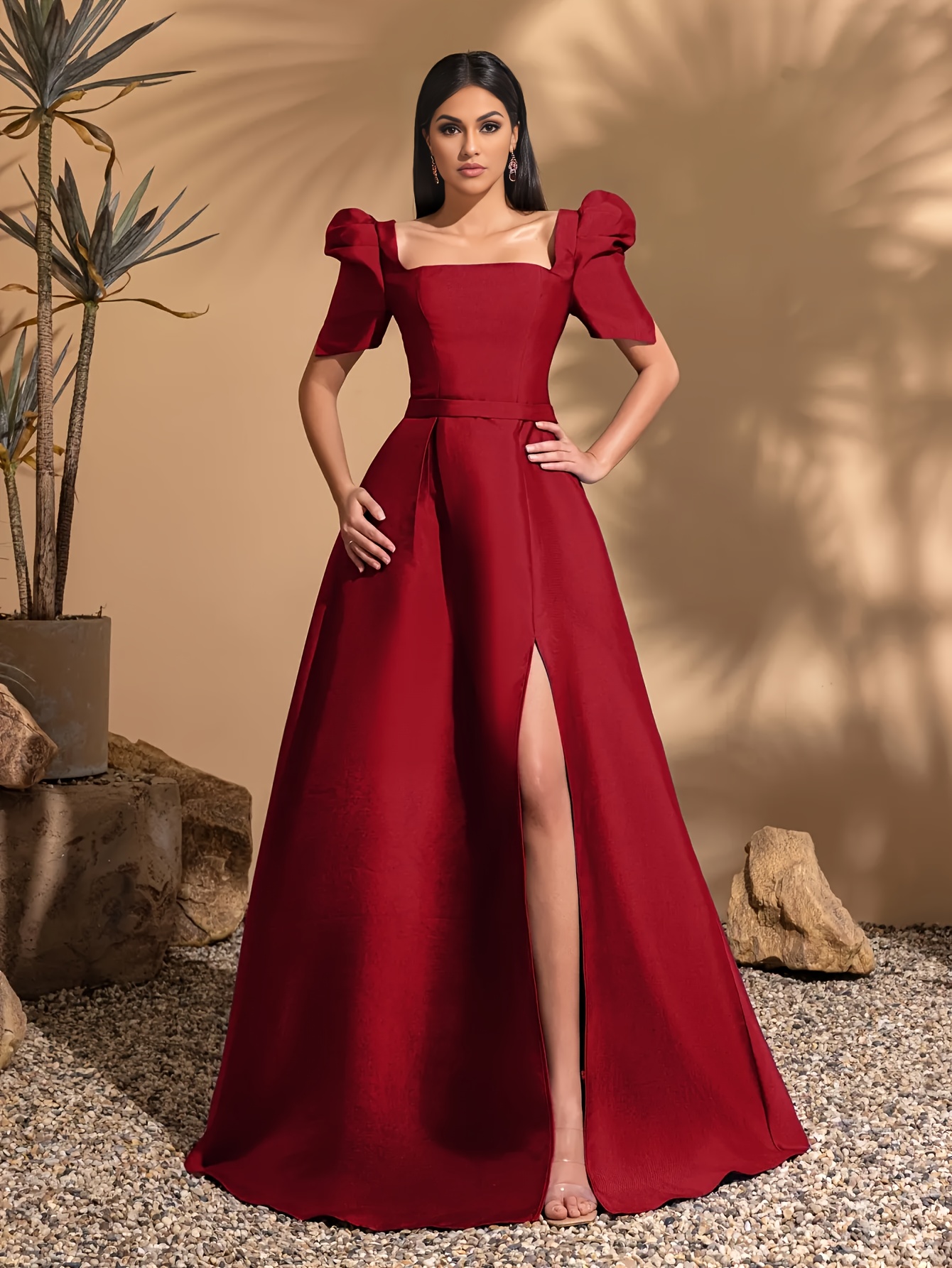 square neck puff sleeve slit flared gown temu - Temu