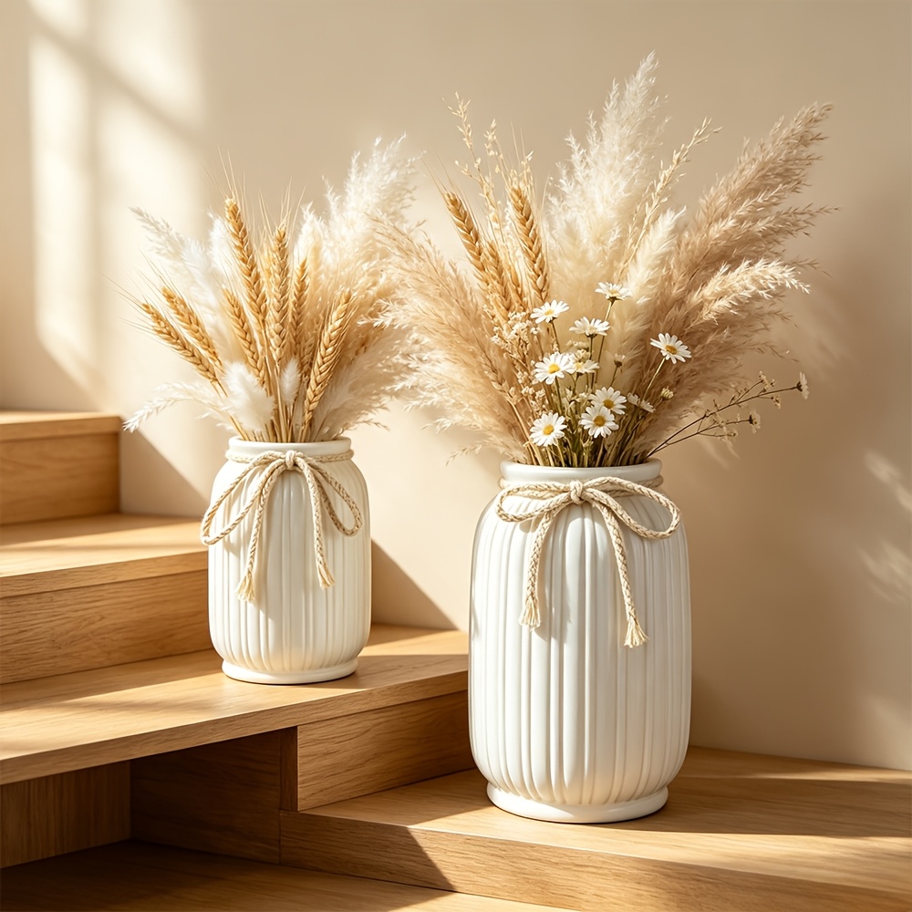 TEMU 2pcs White Ribbed High-gloss Plastic Vase Set, Jute Bow Jar Combo In Small And Large Sizes, French Country Home Decor Accent, Elegant Dried And