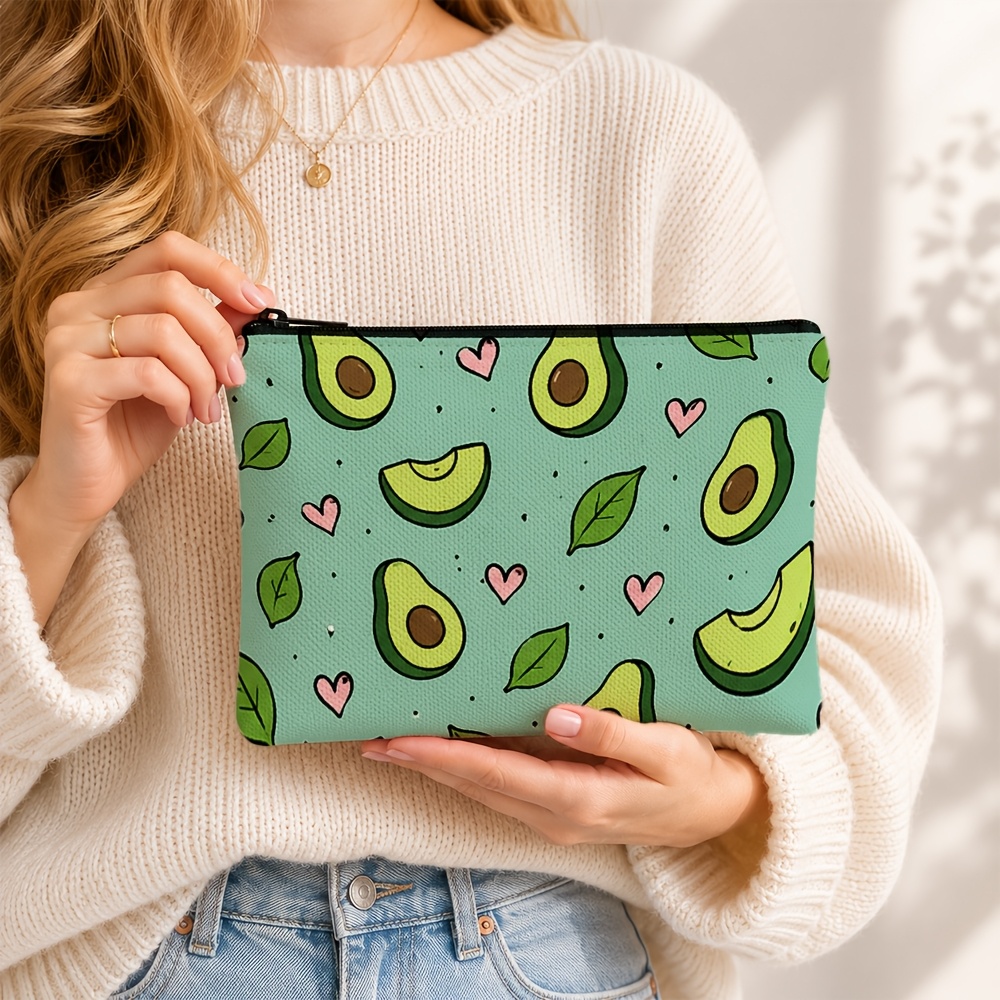TEMU Double-sided Printed Makeup Bag, 1pc High-end With Zipper, Avocado Heart Pattern Large-capacity Cosmetic Pouch, Easy To Clean And, Lightweight