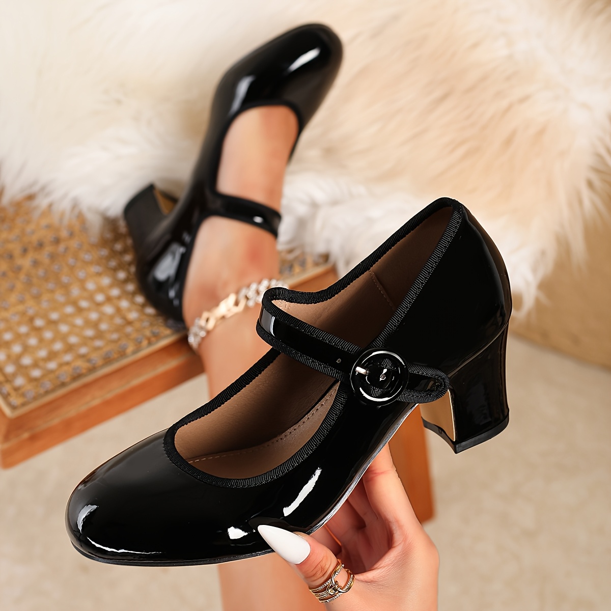 Image of Black Glossy High Heel Flat Shoes, Women's Trendy Style 2026 Summer New Arrival, Round Toe Chunky Heel Commuter Dress Shoes, Suitable For Work, Interviews, Banquets, And Formal Occasions, Women Shoes