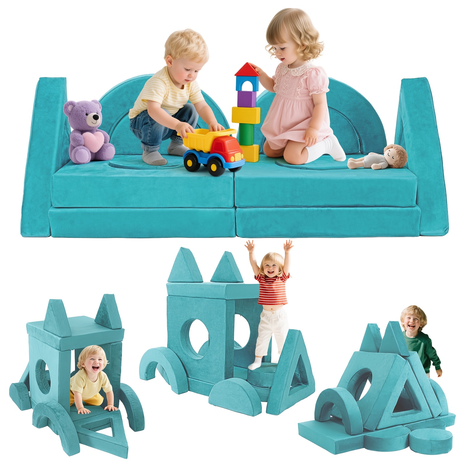 12pcs Modular Kids Play Couch - Soft & Sturdy Foam Sofa Washable Velvet Covers DIY Castle Slide Set Living Room Kindergarten Play Area