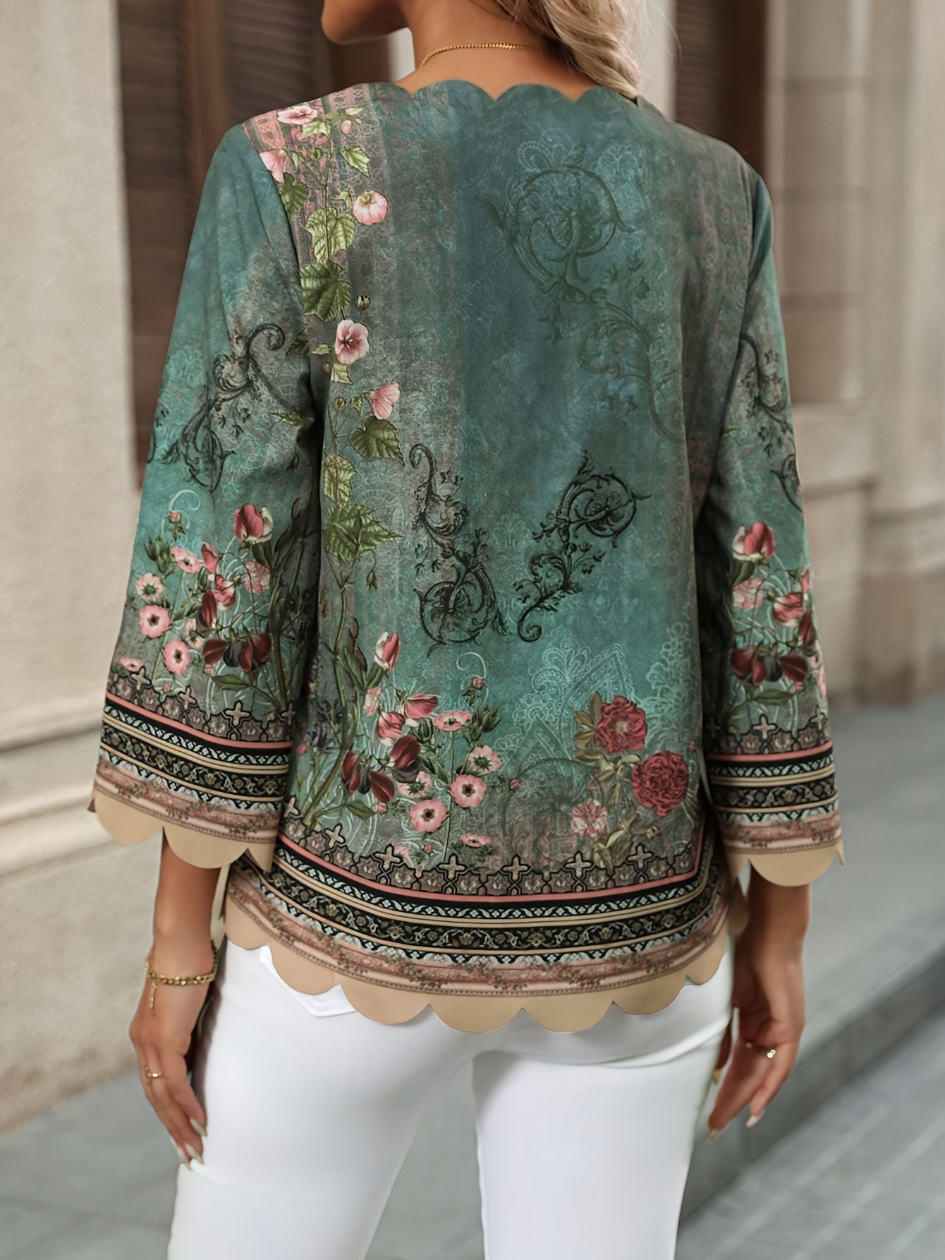 Wave Print V-Neck T-Shirt, Fashionable Loose Comfortable Versatile Women's T-Shirt