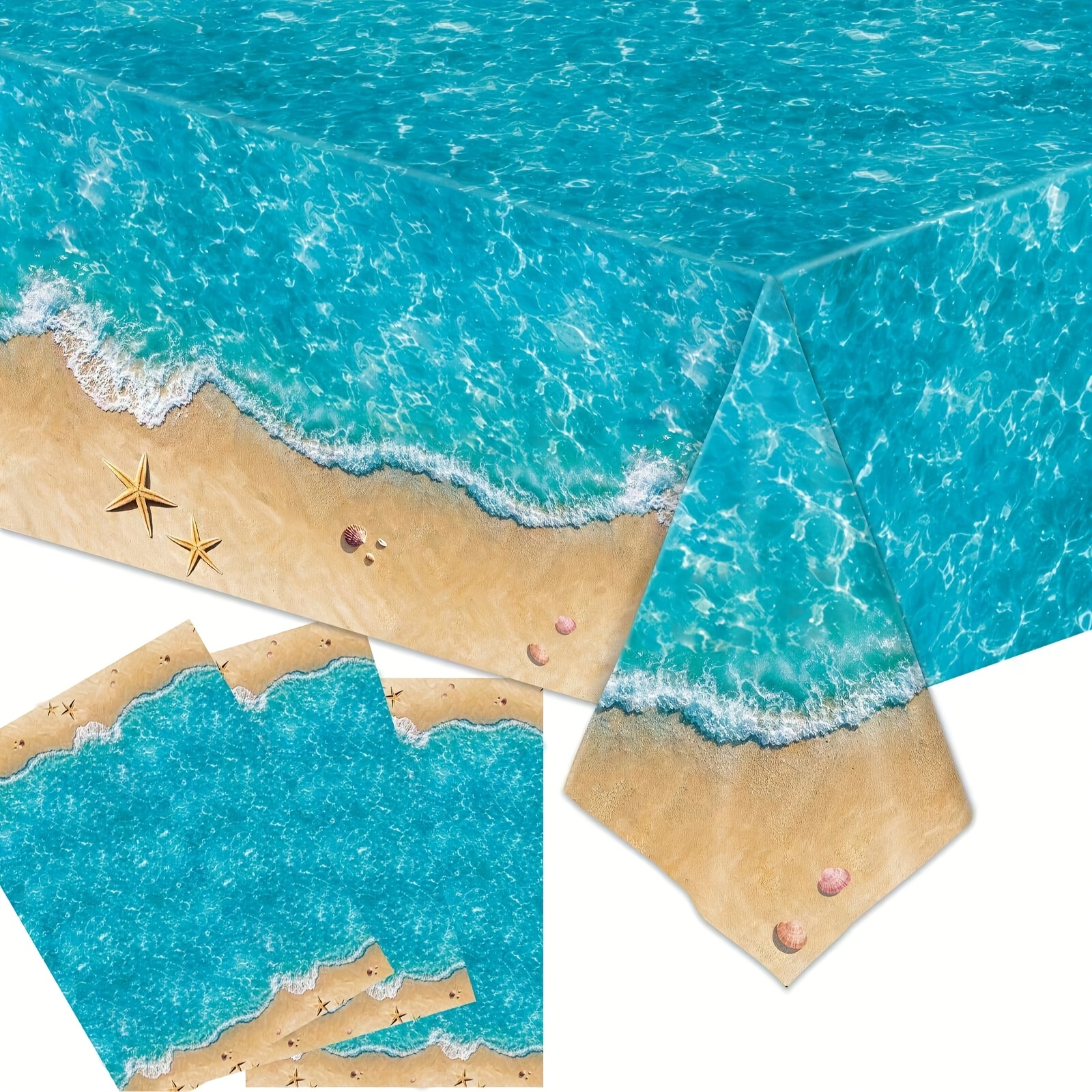 TEMU Halloween, Christmas, 1/3pcs Beach-themed Party Tablecloth - And Shells Pattern Disposable Rectangular Table Cover, 54 X 108 Inches For Pool