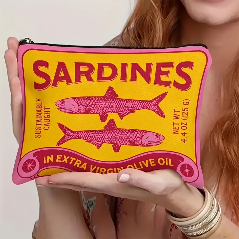 

1pc Retro Sardine-themed Cosmetic Bag - Multi-functional, Portable Makeup Pouch With Olive Oil Design, Ideal For Travel And Daily Use