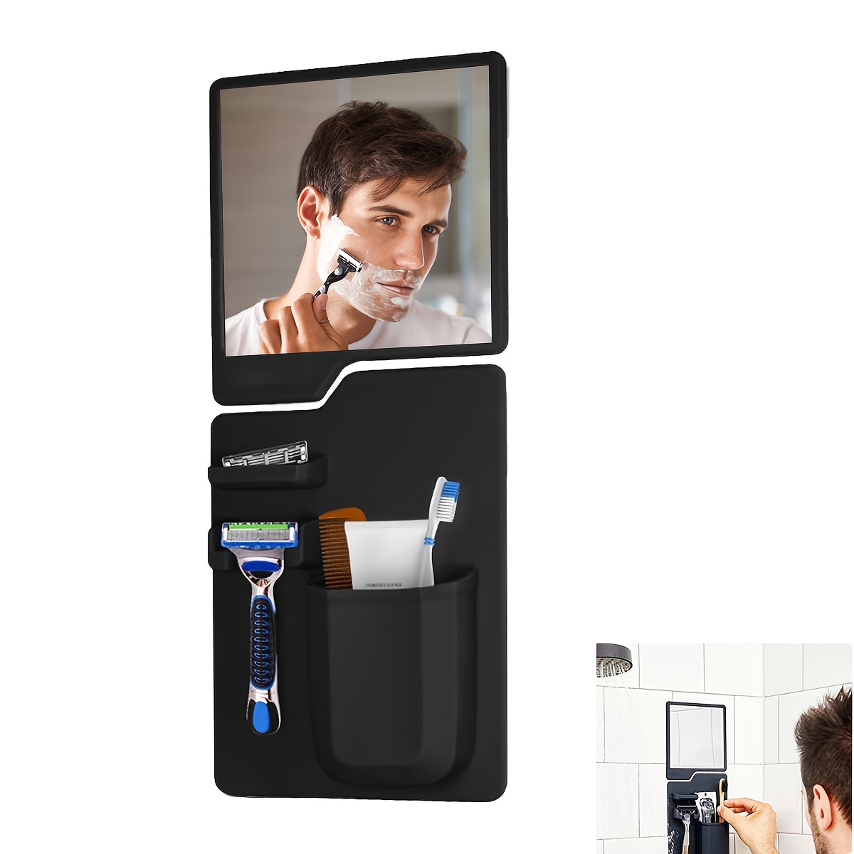 TEMU Shower Shaving Mirror & Organizer Set | Wall-mounted Vacuum Suction Holder For Toothbrush, Razor & Toiletries, Acrylic Mirror & Storage, Modern Bathroom Accessory, End