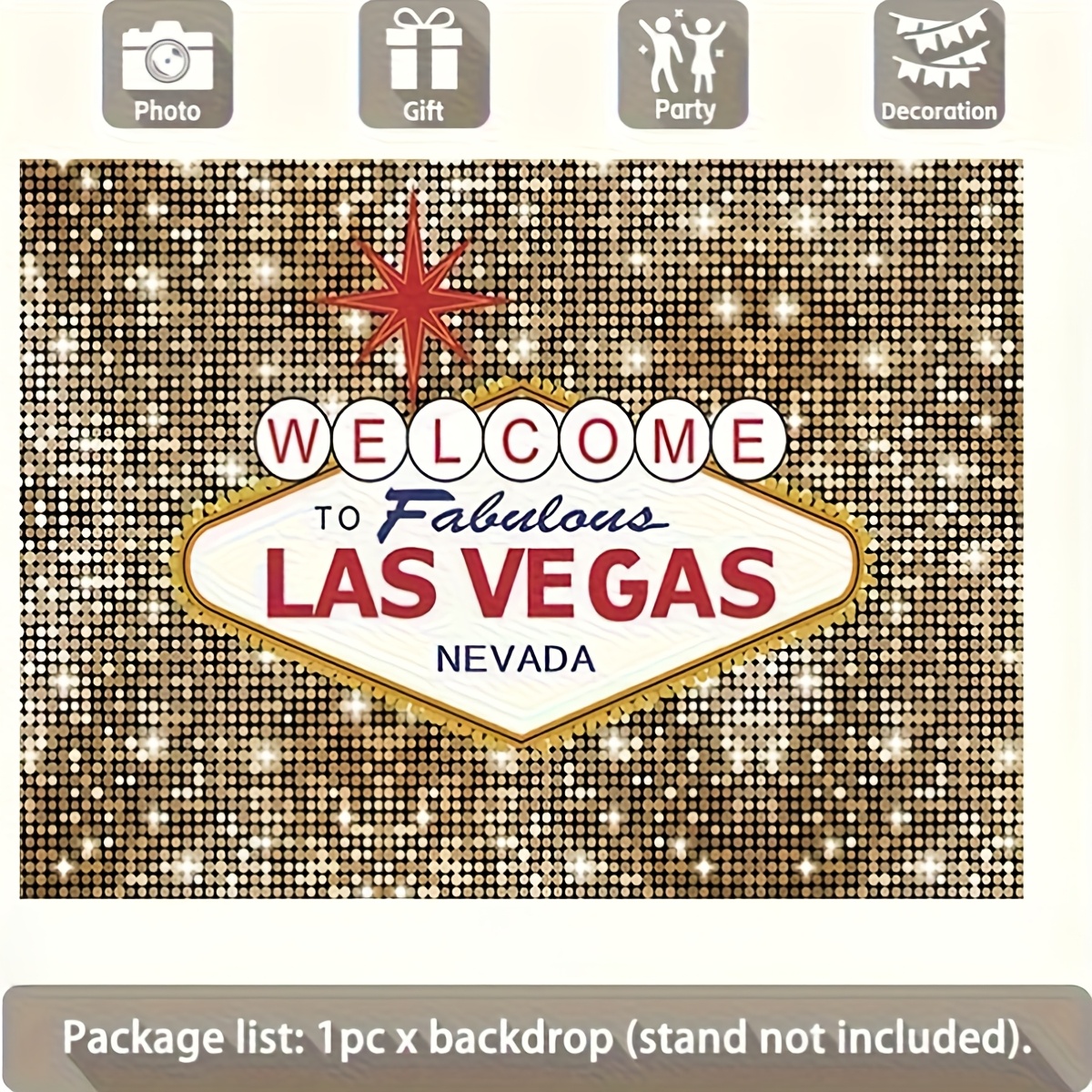 TEMU 1pc Panneau de Fond à Las Vegas - Bannière en Polyester Dorée et Rouge Pailletée avec Étoiles, Parfait pour les Fêtes d'Anniversaire, les