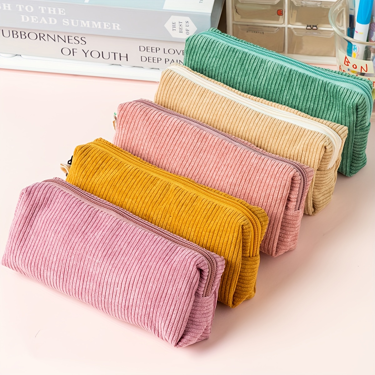 

1pc Single Layer Plain Color Stationery Bag, Office And Classroom Desktop Learning Accessories Storage Bag, Vintage Corduroy Literary Pen Bag