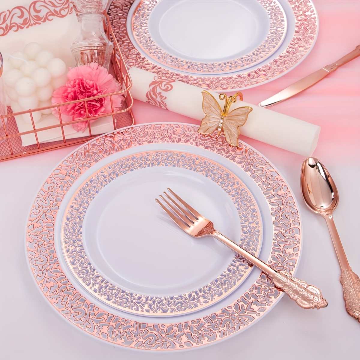 350pcs rose gold plastic tableware set for 50 guests rose gold edge lace design including 50 dinner plates 50 dessert plates 50 forks 50 knives 50 spoons 50 cups 50 napkins suitable for parties weddings easter mothers day and daily use details 3