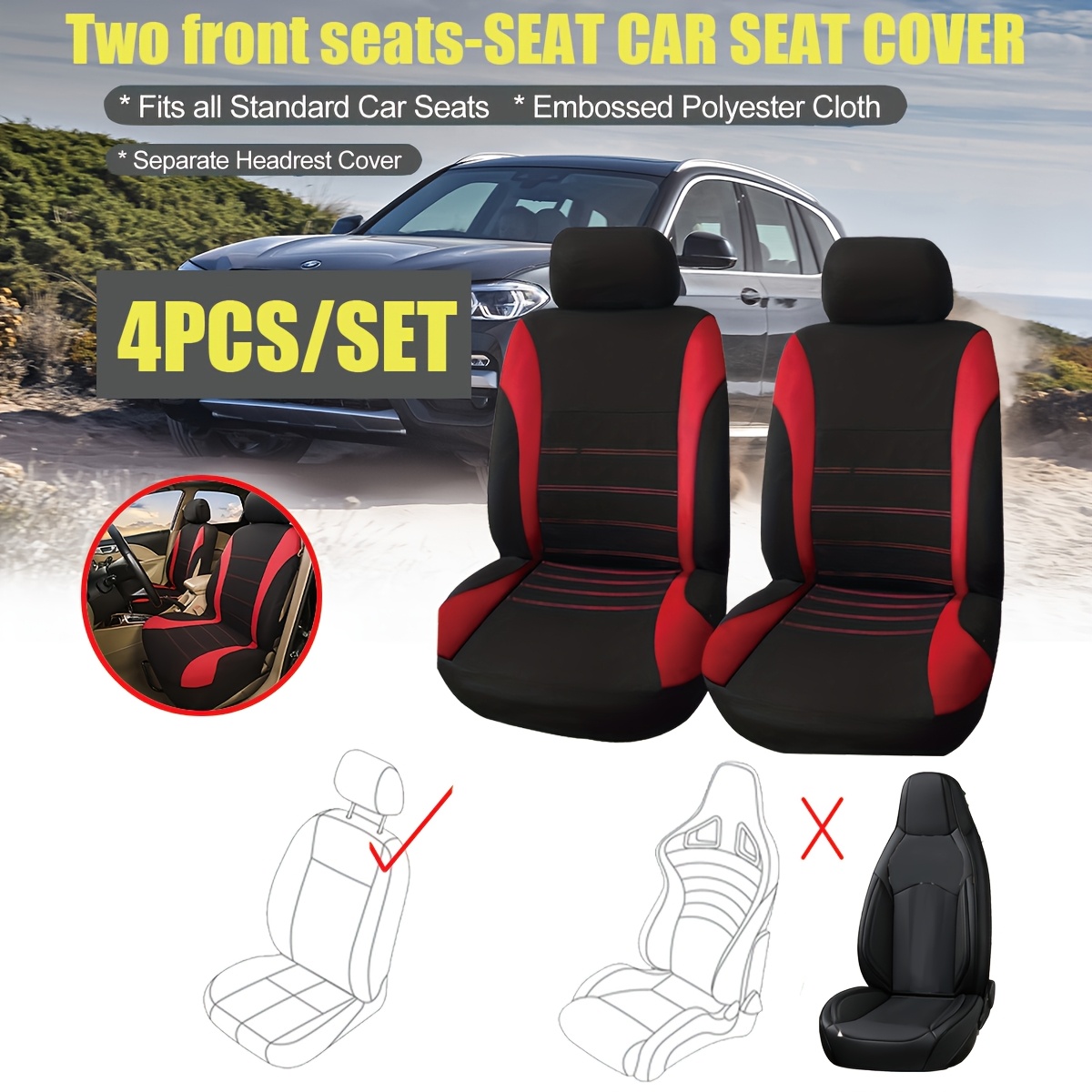 Fabric Red Waistline Car Seat Front Seats 4pcs Set (2 Front Seats  Headrest Covers)