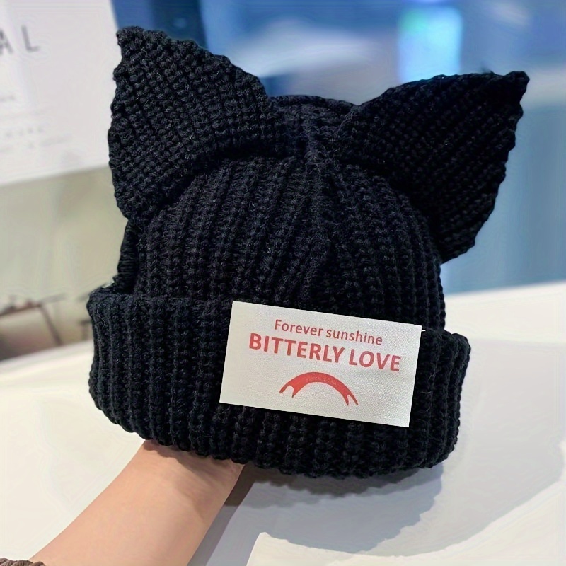 TEMU Western Niche Design Individual Cat Ear Couple Knit Hat Label Cute Warm Autumn Winter Men Women Hat Christmas Gift