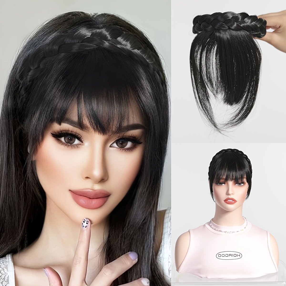 E-shop Dreistrahl-Geflecht Haarband Plus Kopfperücke mit Pony 4 Zoll Schwarz Braune Perücke, Modische Hochwertige Chemiefaser Haar Herstellung, Nicht