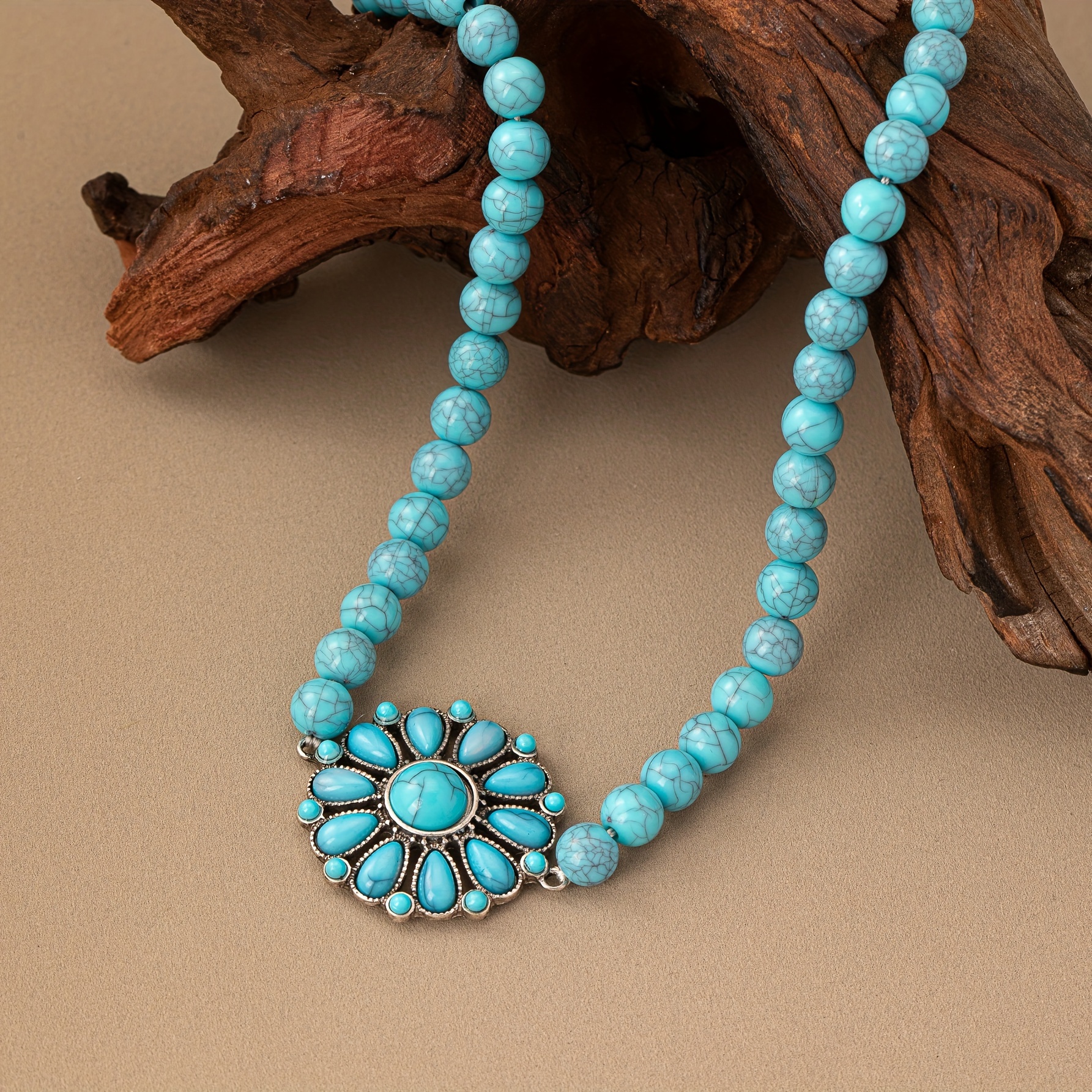Boho Style Green Turquoise Flower Pendant Necklace