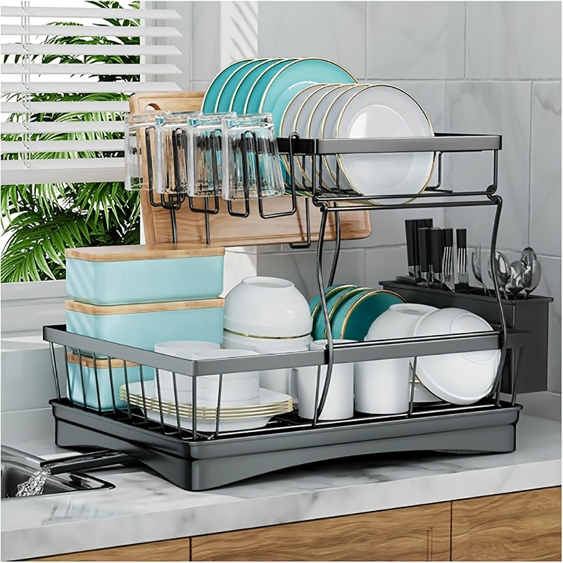 Image of Dish Rack With Drip Tray, Utensil Basket, And Cutting Board Holder A Rust-resistant Dish Rack Designed For Kitchen Countertop Storage. Black, Two-tiered. Keep Your Kitchen Organized And Tidy.