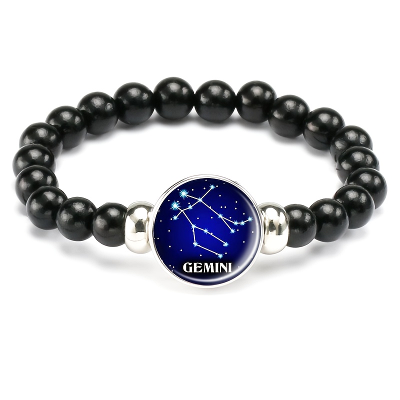 Men's Classic Black Bead & Chain Bracelet, Gemini Constellation