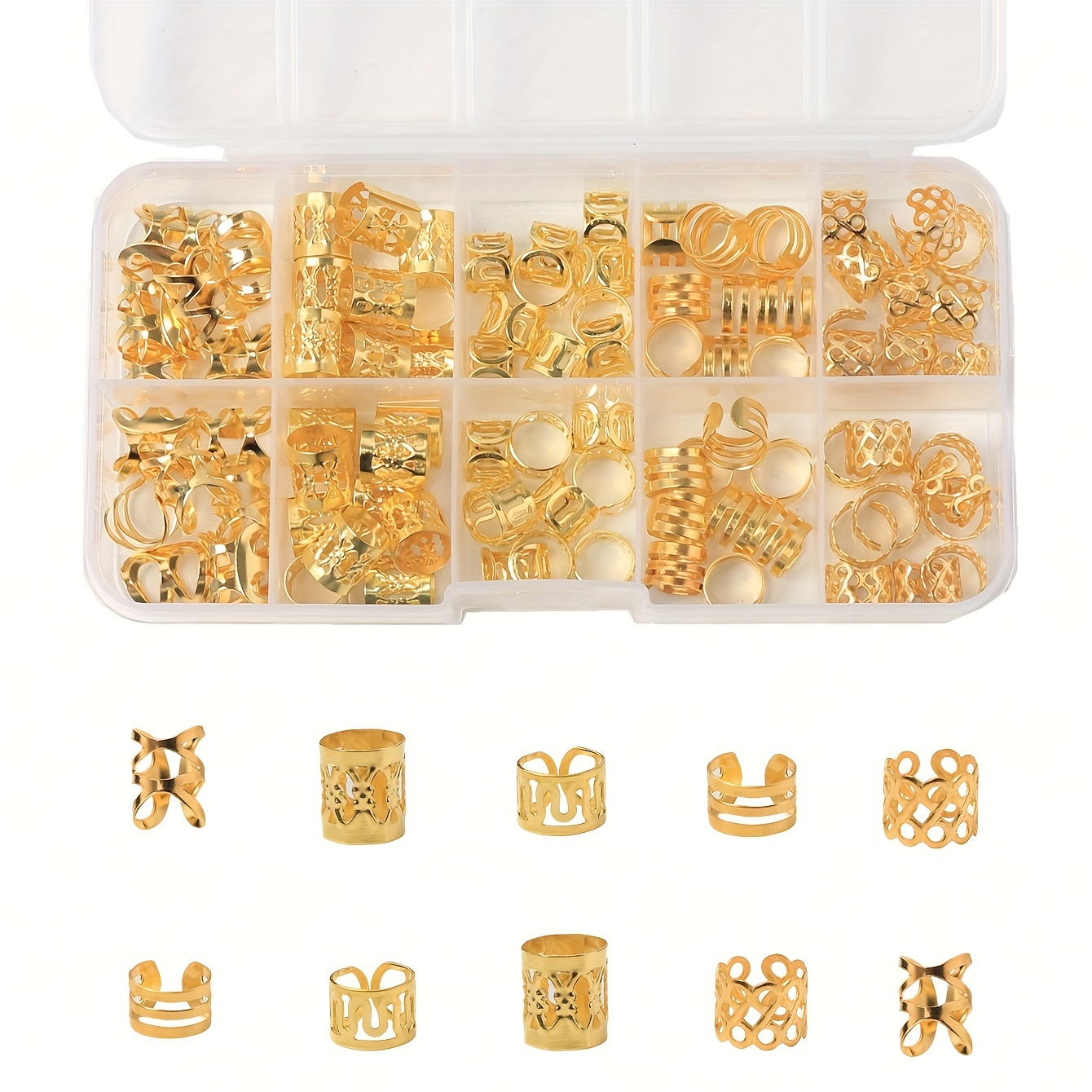 

Vintage Elegant Hair Cuffs 50-pack - Alloy Dreadlock Beads, Golden Braid Rings, Hollow Metal Hair Clips For Braiding Decor, Suitable For Ages 14+, Single Color Solid Hair Jewelry Accessories