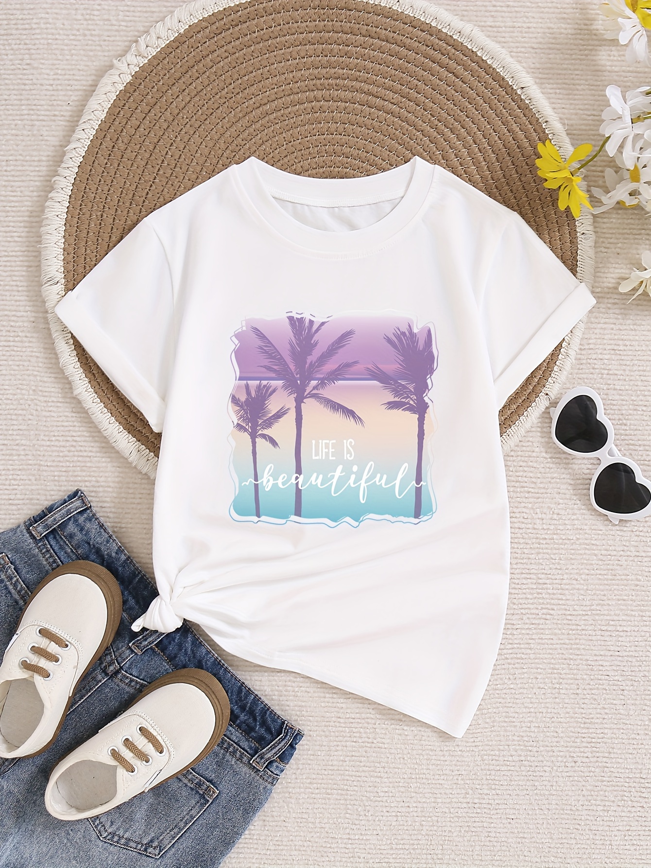 Beautiful Beach Print Tops, Comfy Versatile Crew Neck Short Sleeve T-shirt For Girls Summer Outdoor Gift