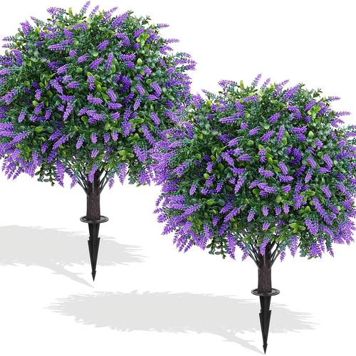 2 pack artificial plants for outdoor front porch decor artificial lavender topiary ball trees with ground spike uv resistant faux cedar shrubs evergreen plants for indoor outdoor front porch garden backyard decor