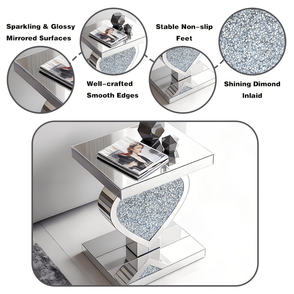 Crushed Diamond Silvery Mirror Base Heart Shaped Side Table, Mirror Finish Decorative Table for Bedroom, Entryway, Living Room.Small Mirrored Coffee Table