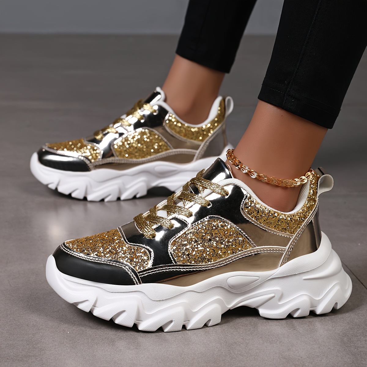 

Women's Glittery Golden Dad Sneakers - Fashionable Lace-up Platform Shoes With Reflective Sole For Height , Footwear